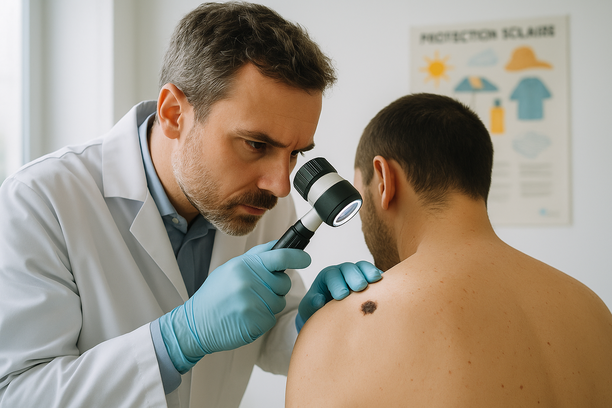 Dermatologista examinando uma pinta irregular no ombro de um paciente com dermatoscópio em um consultório bem iluminado.