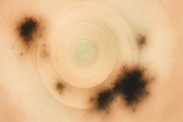 Imagem abstrata centralizada com formas circulares translúcidas, texturas orgânicas e padrões celulares difusos em tons de pele, verde-claro e dourado, representando vigilância e regeneração cutânea com áreas escuras dissipando-se em luz suave