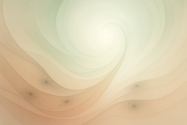 Composição abstrata com curvas orgânicas translúcidas, linhas fluidas e texturas suaves que evocam pele humana, em tons claros de bege, rosa e verde pálido, com pontos escuros sutis e partículas douradas em dissolução sob luz difusa.