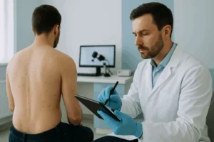 Dermatologista usando tablet com touchpen realiza mapeamento corporal total em paciente de costas em consultório moderno, com equipamentos de dermatoscopia digital ao fundo.